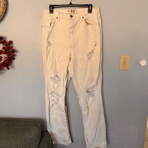 Free People Curvy Distressed Jeans Ripped Raw Hem Cream Straight Leg Size 32